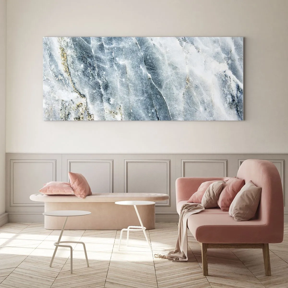 Quadro su vetro - Texture marmorea nei toni del blu e del bianco - 160x50cm - Mondo di ghiaccio - Decorazione murale moderna per soggiorno e camera da letto ARTTOR