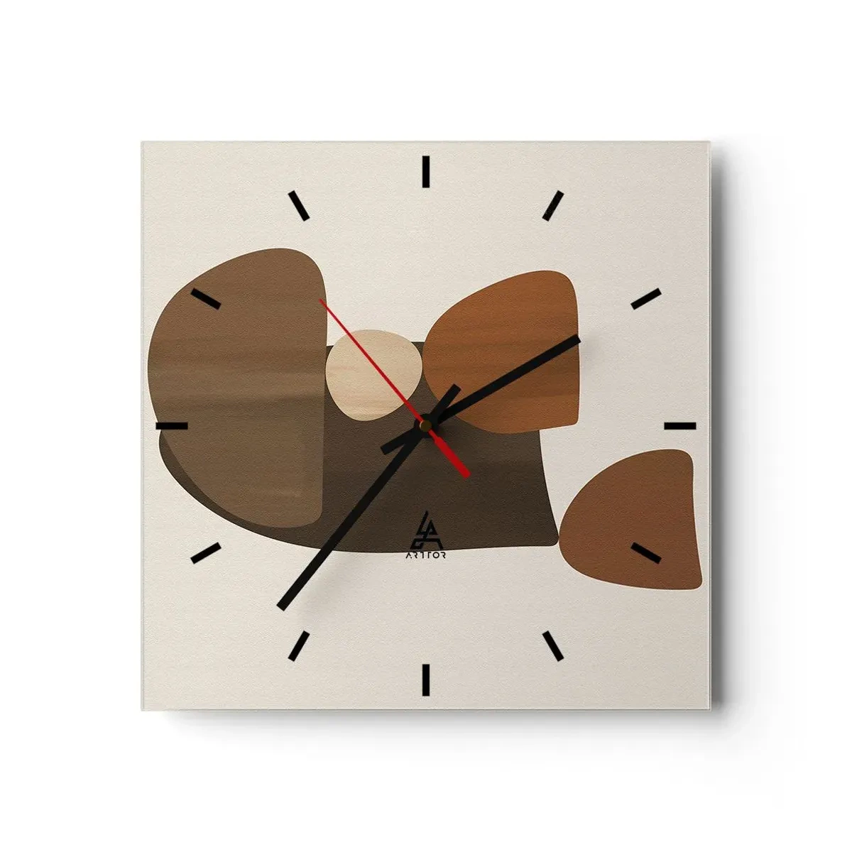 Orologio da parete - Orologio in Vetro - Composizione astratta nei toni del marrone e del beige - 30x30cm - Composizione in marrone - Decorazione murale moderna per soggiorno e camera da letto ARTTOR