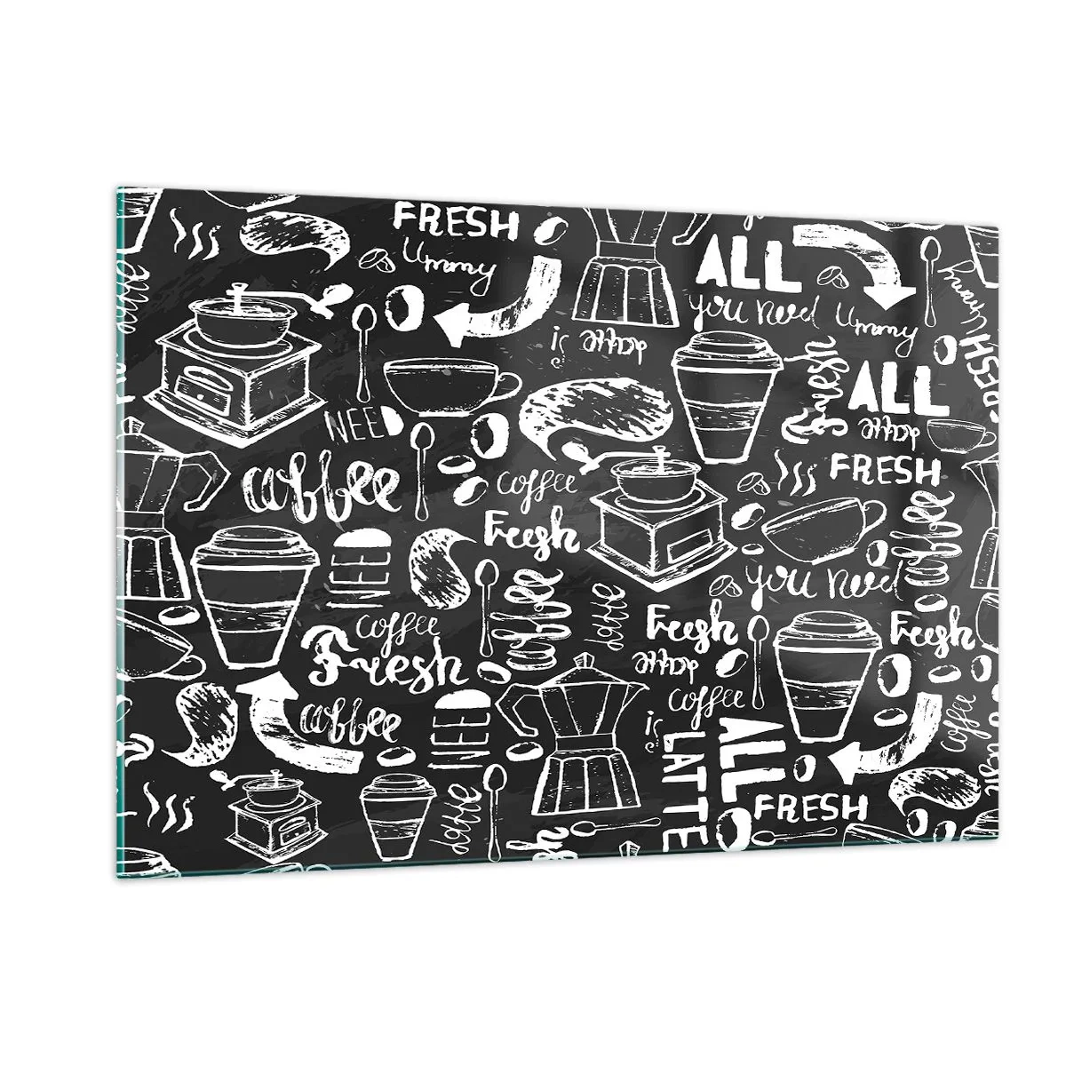 Quadro su vetro - Grafica e scritte a tema caffè su sfondo nero in stile retrò - 120x80cm - All you need is… - Decorazione murale moderna per soggiorno e camera da letto ARTTOR
