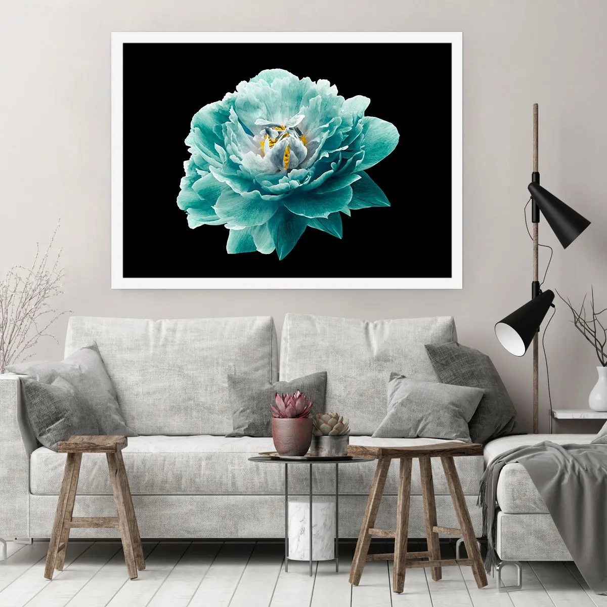 Poster - Fiore di peonia turchese su sfondo nero - 100x70cm - Petali blu e oro - Decorazione murale moderna per soggiorno e camera da letto ARTTOR