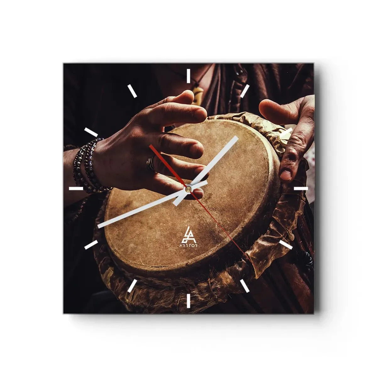Orologio da parete - Orologio in Vetro - Mani che suonano un tamburo djembe tradizionale - 30x30cm - Al ritmo del cuore - Decorazione murale moderna per soggiorno e camera da letto ARTTOR