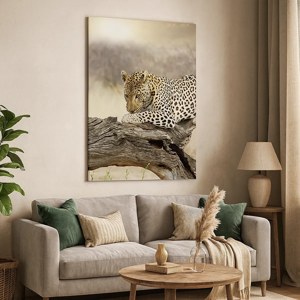 Quadro su tela - Stampe su Tela - Un leopardo che riposa sul tronco di un albero nella savana - 50x70cm - Vado per la mia strada - Decorazione murale moderna per soggiorno e camera da letto ARTTOR