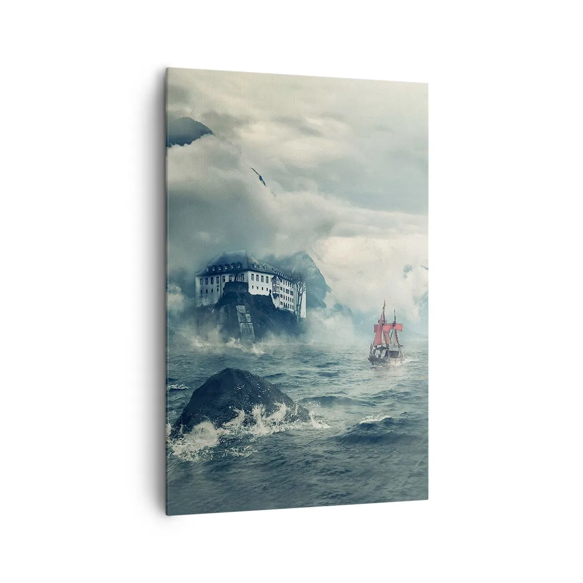 Quadro su tela - Stampe su Tela - Un paesaggio misterioso con un castello, montagne e una nave - 80x120cm - Sulle acque magiche - Decorazione murale moderna per soggiorno e camera da letto ARTTOR