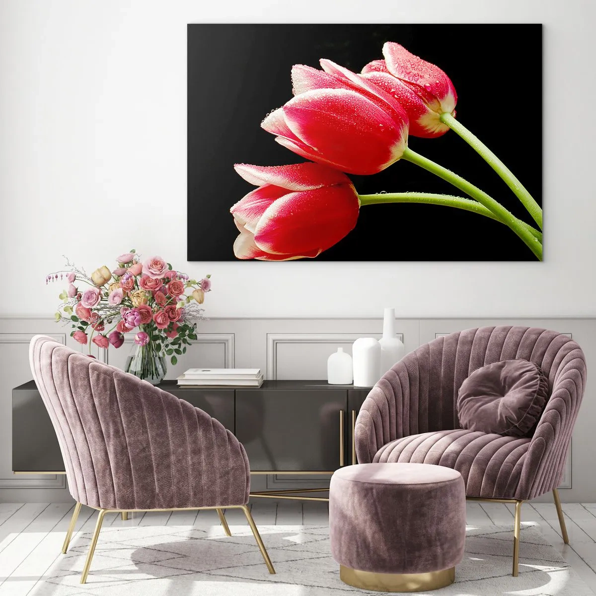 Quadro su vetro - Tulipani rossi con gocce di rugiada su sfondo nero - 100x70cm - Promessa di amore puro - Decorazione murale moderna per soggiorno e camera da letto ARTTOR