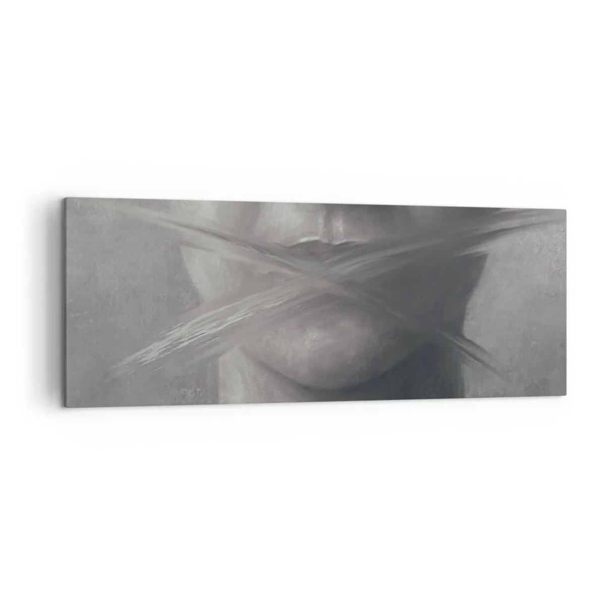 Quadro su tela - Stampe su Tela - Un ritratto simbolico con labbra sfocate nei toni del grigio. - 140x50cm - Neanche una parola - Decorazione murale moderna per soggiorno e camera da letto ARTTOR