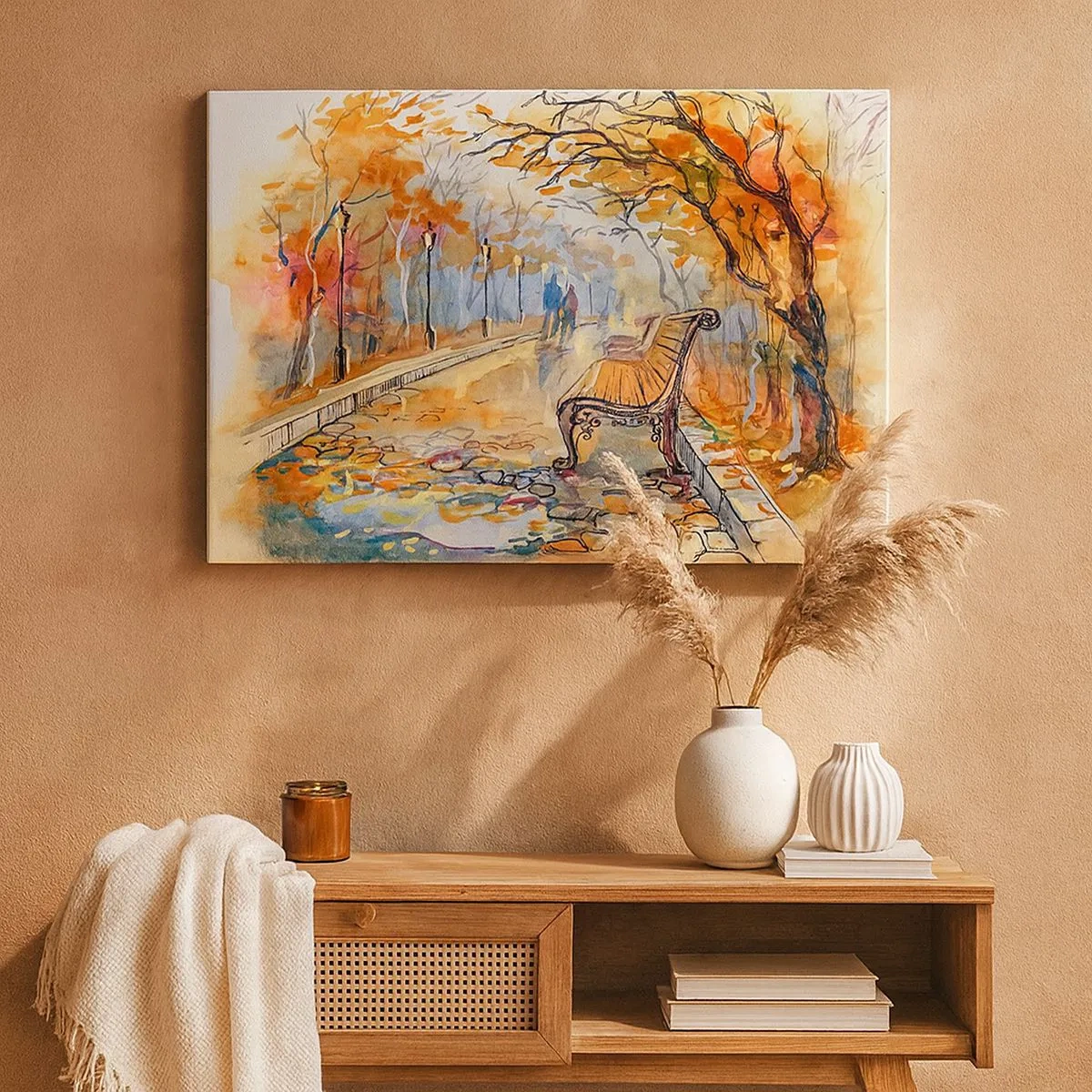 Quadro su tela - Stampe su Tela - Un parco autunnale con una panchina in acquerello - 70x50cm - Passeggiando insieme l'autunno - Decorazione murale moderna per soggiorno e camera da letto ARTTOR