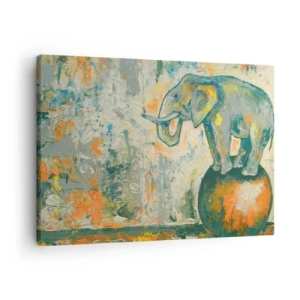 Quadro su tela - Stampe su Tela - Un elefante in equilibrio su una palla in stile artistico - 70x50cm - Evviva il circo! - Decorazione murale moderna per soggiorno e camera da letto ARTTOR