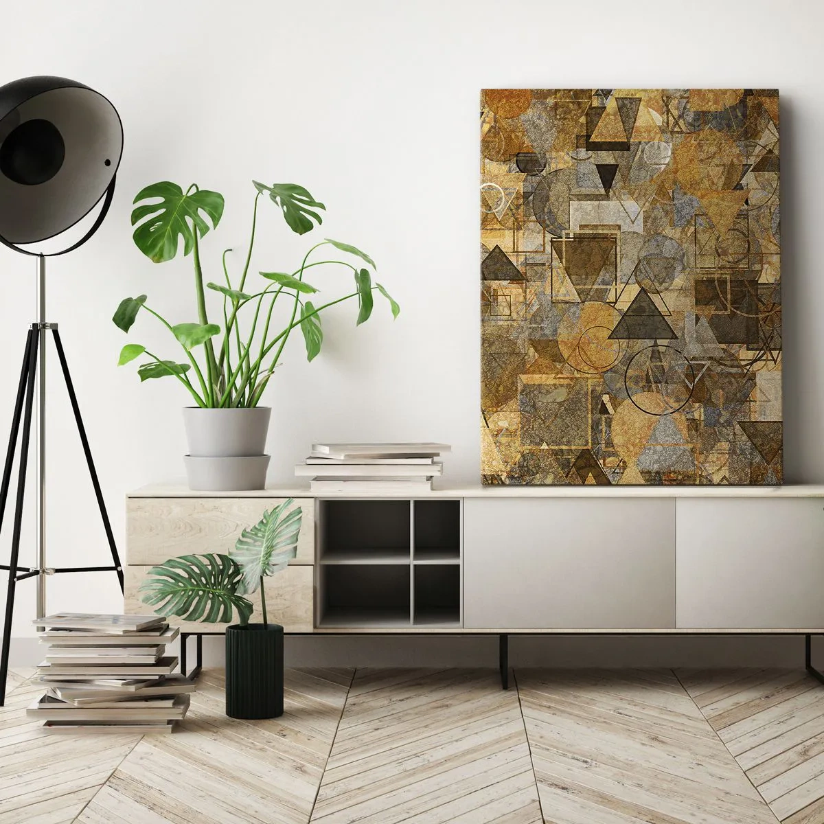 Quadro su tela - Stampe su Tela - Motivi geometrici astratti nelle tonalità dell'oro - 70x100cm - Il mondo compreso nella forma - Decorazione murale moderna per soggiorno e camera da letto ARTTOR
