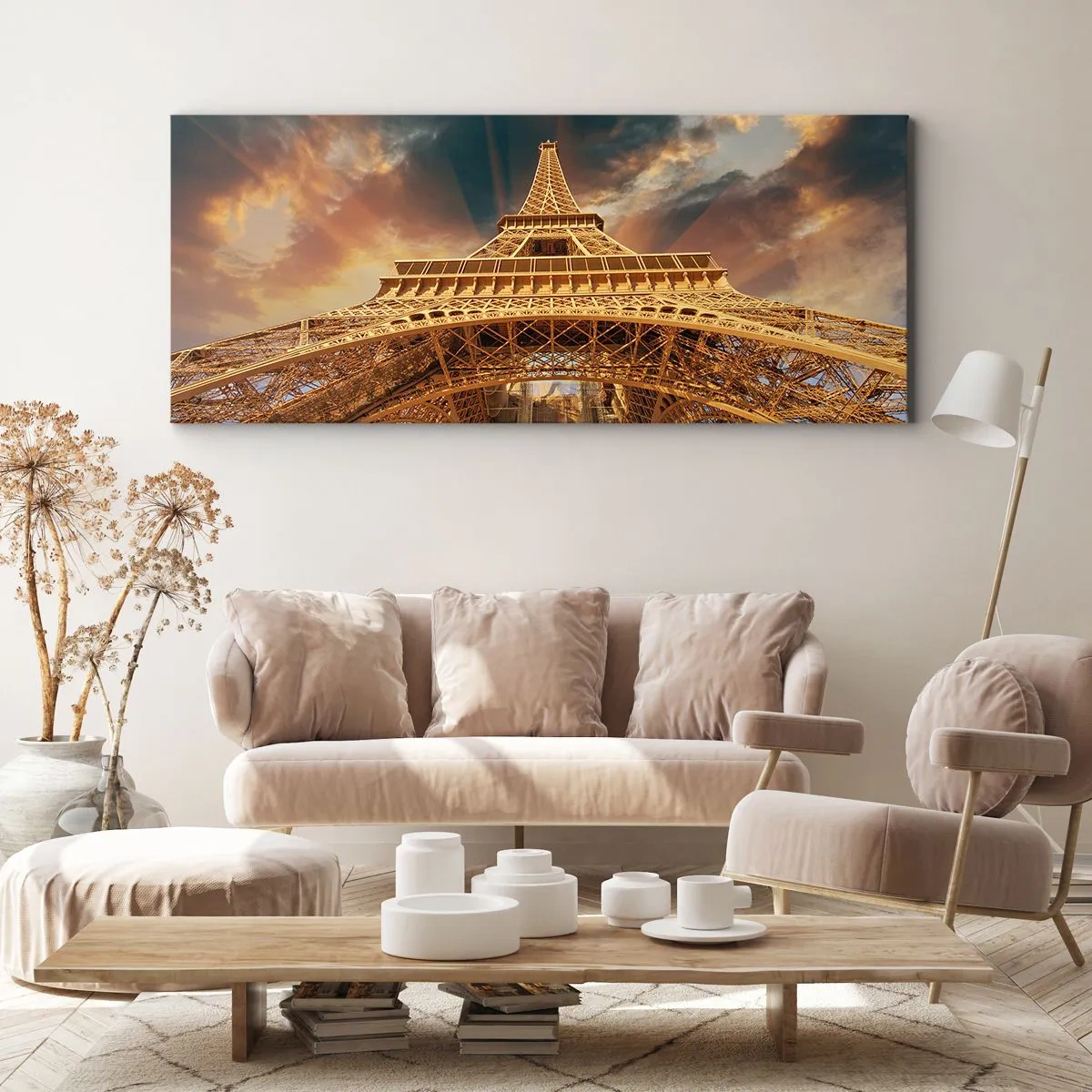 Quadro su tela - Stampe su Tela - La Torre Eiffel dal basso sullo sfondo del sole al tramonto - 160x50cm - Come gli uomini hanno raggiunto il cielo - Decorazione murale moderna per soggiorno e camera da letto ARTTOR
