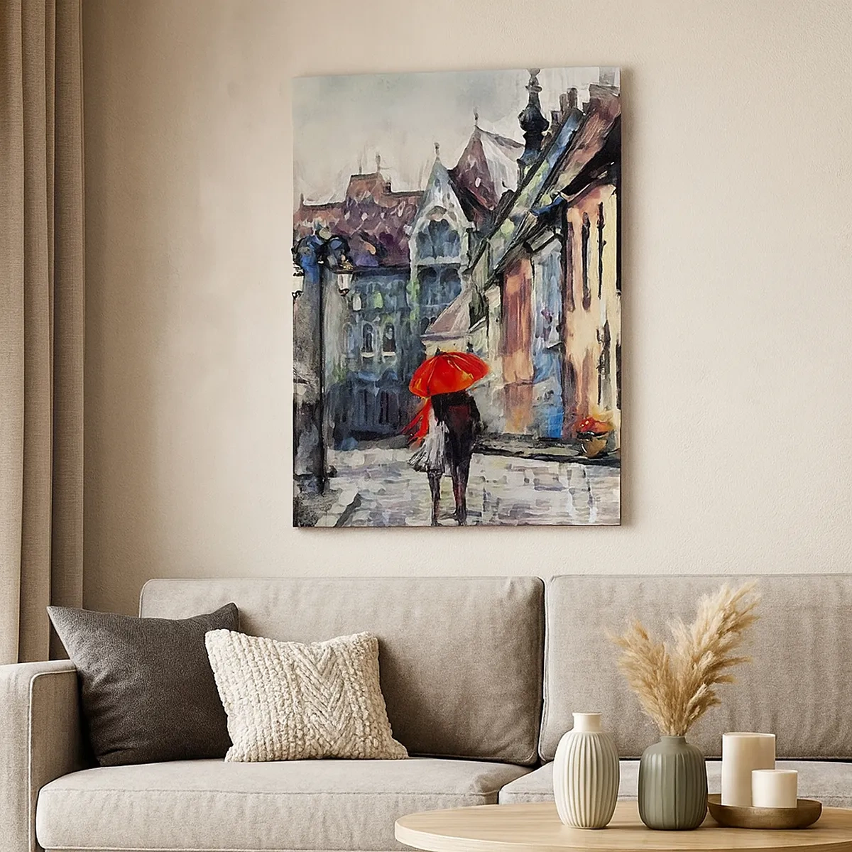 Quadro su tela - Stampe su Tela - Un'affascinante strada cittadina con una coppia sotto un ombrello rosso - 50x70cm - Pioggia per due - Decorazione murale moderna per soggiorno e camera da letto ARTTOR