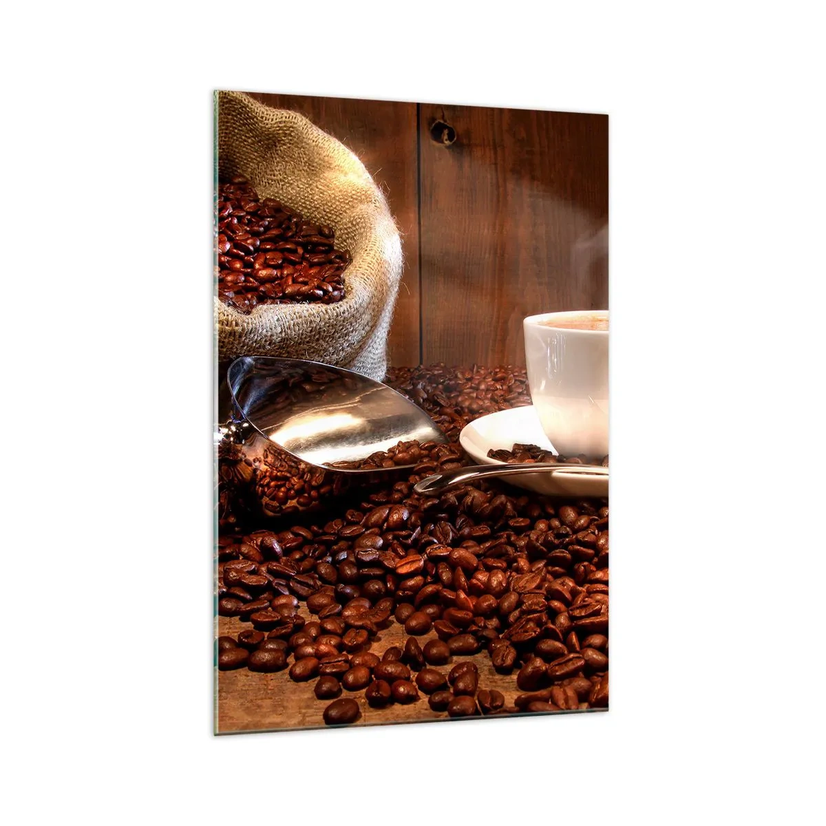 Quadro su vetro - Una tazza di caffè con chicchi di caffè e un sacco di cereali sullo sfondo - 70x100cm - Senti questo odore? - Decorazione murale moderna per soggiorno e camera da letto ARTTOR