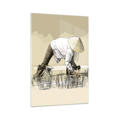 Quadro su vetro - Contadini che lavorano in una risaia indossando copricapi tradizionali - 70x100cm - Buon raccolto - Decorazione murale moderna per soggiorno e camera da letto ARTTOR