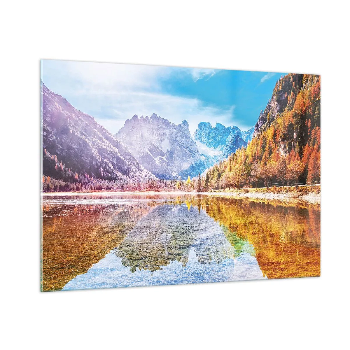 Quadro su vetro - Montagne autunnali riflesse nel lago, circondate da alberi colorati - 100x70cm - E nei monti è già autunno - Decorazione murale moderna per soggiorno e camera da letto ARTTOR