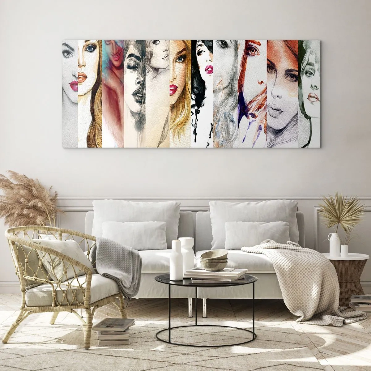 Quadro su vetro - Una raccolta di ritratti di donne in vari stili artistici. - 140x50cm - E sei sempre tu - Decorazione murale moderna per soggiorno e camera da letto ARTTOR