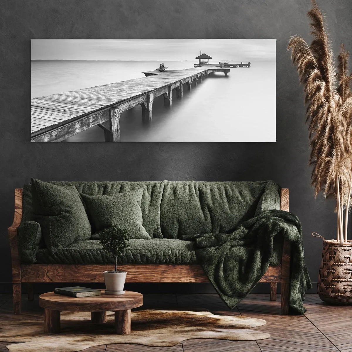 Quadro su tela - Stampe su Tela - Una vista in bianco e nero di un molo di legno su acque calme. - 160x50cm - Sempre più lontano. - Decorazione murale moderna per soggiorno e camera da letto ARTTOR