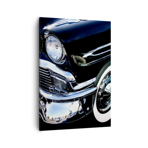 Quadro su tela - Stampe su Tela - Primo piano del faro e del parafango di un'auto classica nera - 50x70cm - Classicità in argento, nero e bianco - Decorazione murale moderna per soggiorno e camera da letto ARTTOR