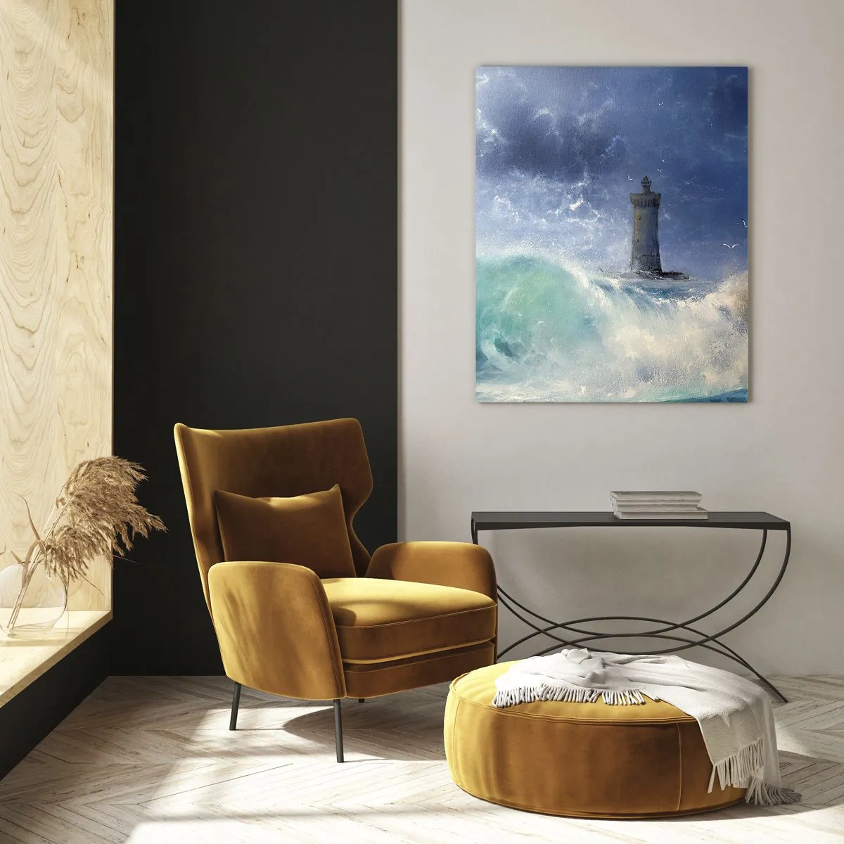 Quadro su vetro - Un faro tra le onde agitate dell'oceano - 50x70cm - In difesa contro gli elementi - Decorazione murale moderna per soggiorno e camera da letto ARTTOR