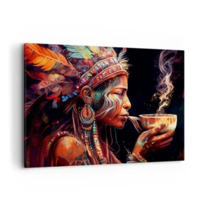 Quadro su tela - Stampe su Tela - Una figura colorata in stile etnico con una tazza di bevanda fumante - 100x70cm - Rituale magico - Decorazione murale moderna per soggiorno e camera da letto ARTTOR