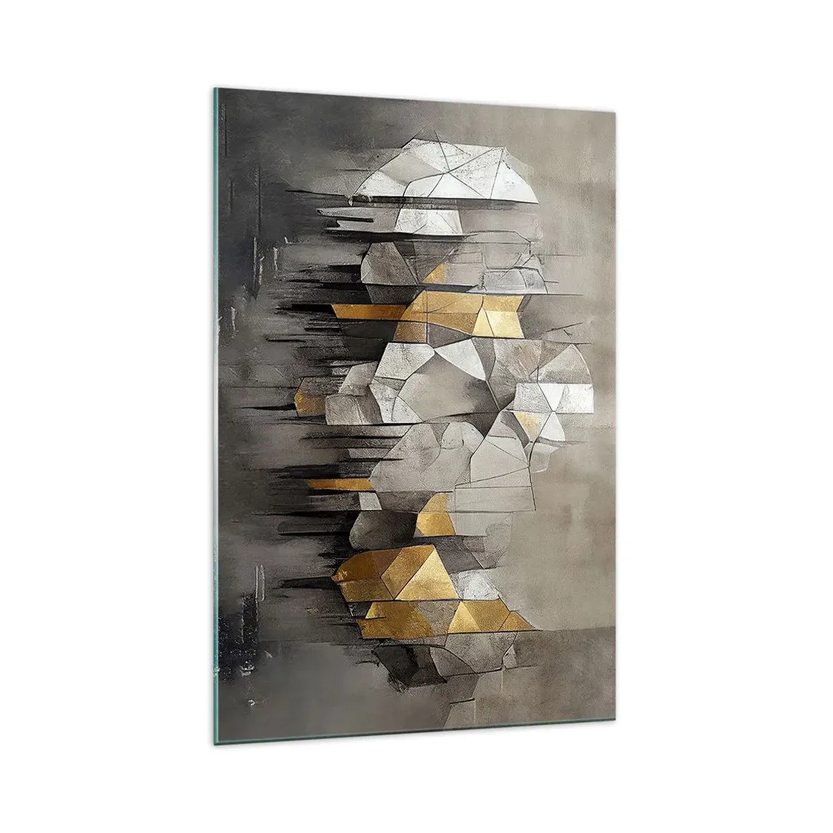 Quadro su vetro - Astrazione geometrica nei toni dell'oro e del grigio - 70x100cm - Composizione di ghiaccio e luce - Decorazione murale moderna per soggiorno e camera da letto ARTTOR