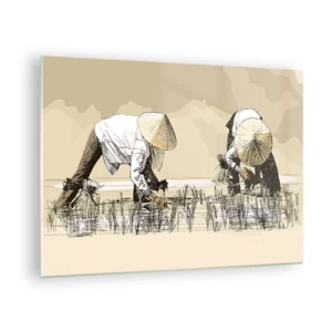 Quadro su vetro - Un'illustrazione minimalista di agricoltori che lavorano - 70x50cm - Buon raccolto - Decorazione murale moderna per soggiorno e camera da letto ARTTOR