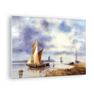 Quadro su vetro - Barche a vela su un lago calmo con mulini a vento sullo sfondo - 70x50cm - Il ritorno dei marinai - Decorazione murale moderna per soggiorno e camera da letto ARTTOR