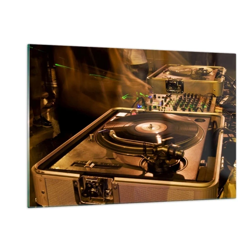 Quadro su vetro - Un giradischi sullo sfondo di una festa con effetti di luce dinamici - 120x80cm - Senti la forza? - Decorazione murale moderna per soggiorno e camera da letto ARTTOR