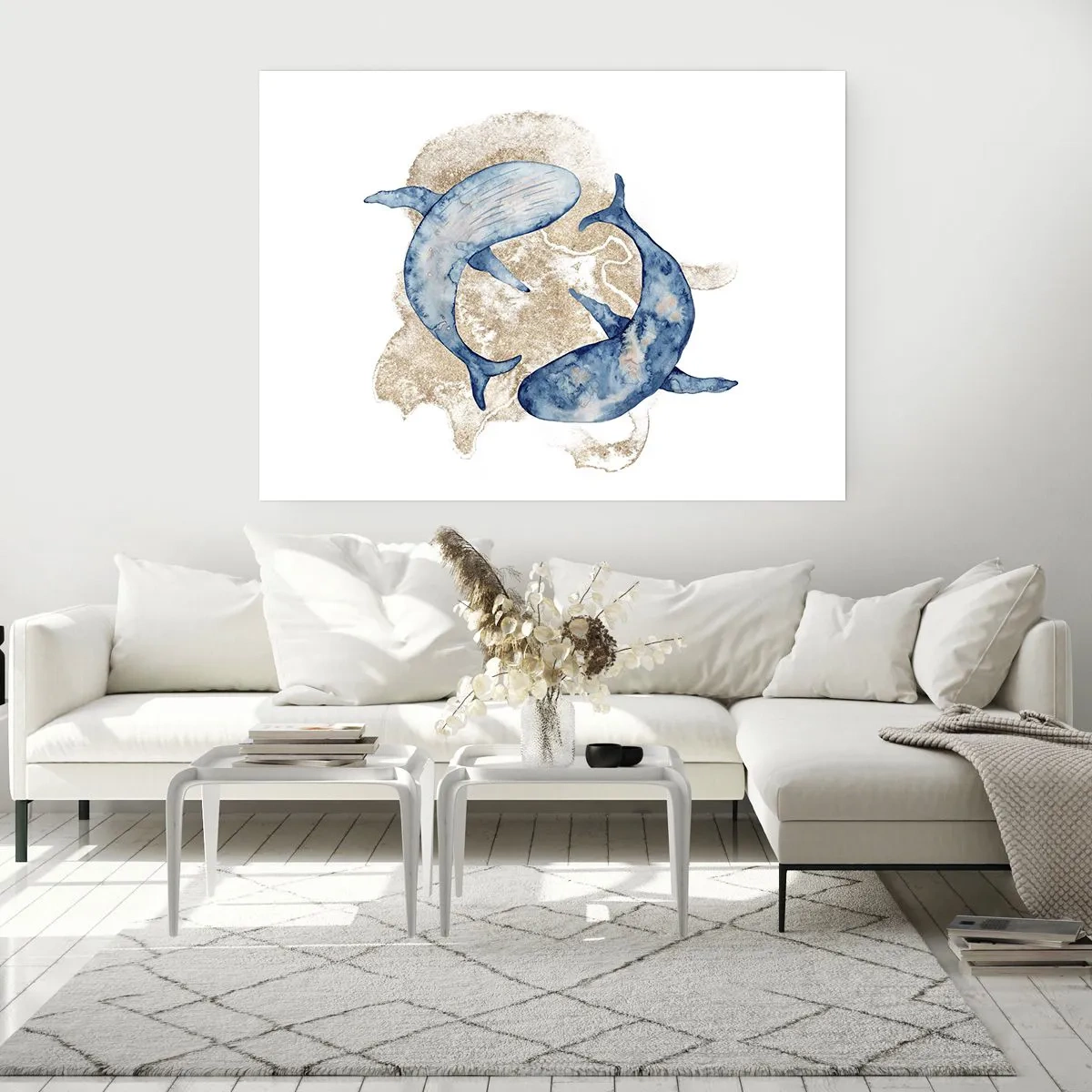 Poster - Balene blu astratte su uno sfondo chiaro - 100x70cm - Amicizia o amore? - Decorazione murale moderna per soggiorno e camera da letto ARTTOR