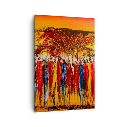 Quadro su tela - Stampe su Tela - Una scena colorata con figure africane sullo sfondo del sole al tramonto. - 70x100cm - Al suono dei tam tam - Decorazione murale moderna per soggiorno e camera da letto ARTTOR