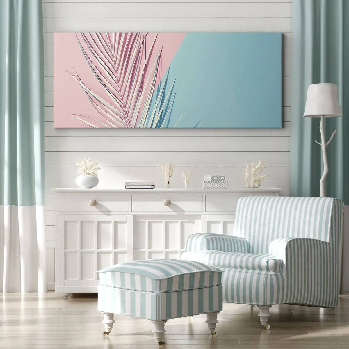 Quadro su tela - Stampe su Tela - Foglia tropicale su uno sfondo di tonalità pastello di rosa e blu - 160x50cm - Impressione tropicale - Decorazione murale moderna per soggiorno e camera da letto ARTTOR