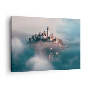 Quadro su tela - Stampe su Tela - Un'isola pittoresca con una chiesa circondata dalla nebbia - 70x50cm - L'isola dei sogni - Decorazione murale moderna per soggiorno e camera da letto ARTTOR