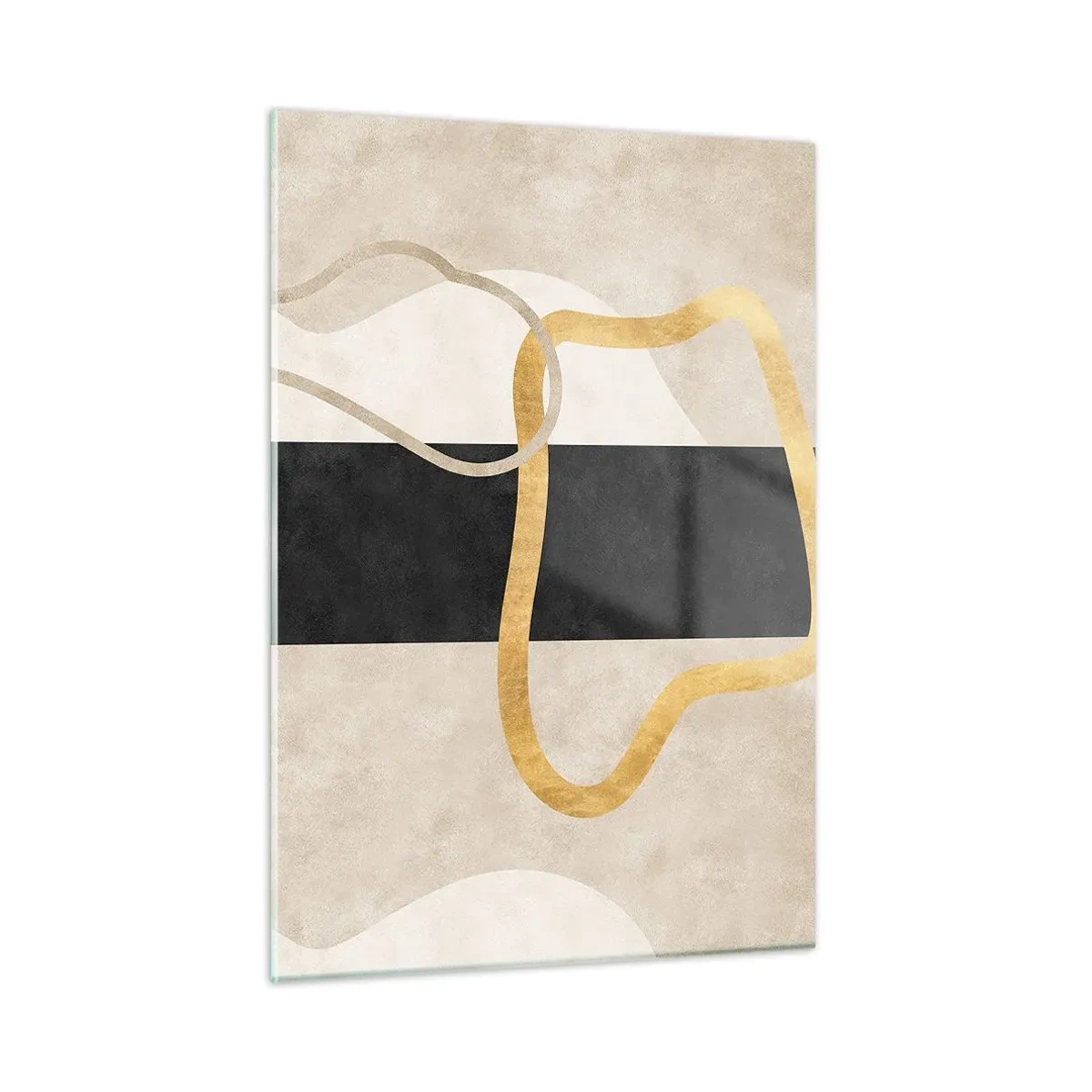 Quadro su vetro - Linee dorate e beige formano forme ad anello su uno sfondo a strisce nere. - 50x70cm - Forme intrecciate - Decorazione murale moderna per soggiorno e camera da letto ARTTOR