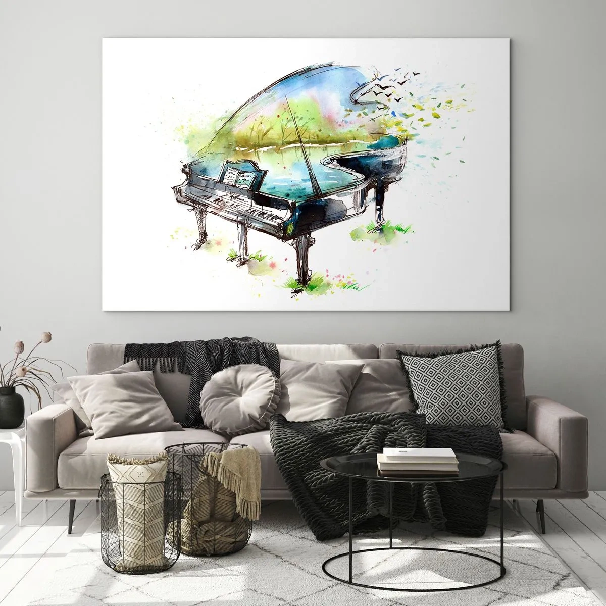 Quadro su vetro - Acquerello di un pianoforte immerso nella natura - 100x70cm - Incantato nella musica - Decorazione murale moderna per soggiorno e camera da letto ARTTOR