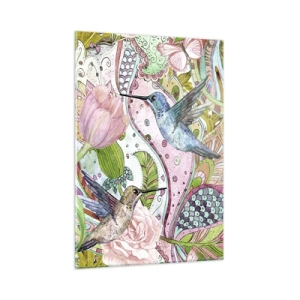 Quadro su vetro - Colibrì colorati tra fiori e farfalle - 50x70cm - Intrecciate nei rami - Decorazione murale moderna per soggiorno e camera da letto ARTTOR