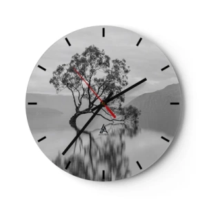 Orologio da parete - Orologio in Vetro - Un albero solitario nell'acqua in bianco e nero - 30x30cm - C'è un paese così - Decorazione murale moderna per soggiorno, cucina e camera da letto ARTTOR
