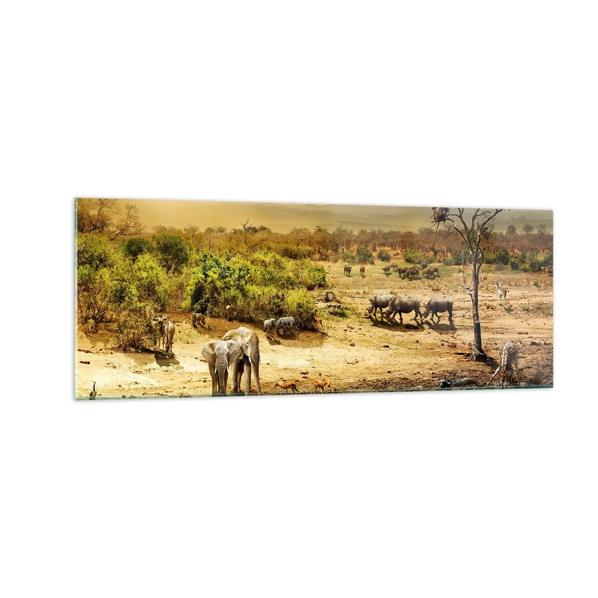 Quadro su vetro - Elefanti e animali selvatici in una pozza d'acqua al tramonto - 140x50cm - "Un fiume usciva da Eden…" - Decorazione murale moderna per soggiorno e camera da letto ARTTOR