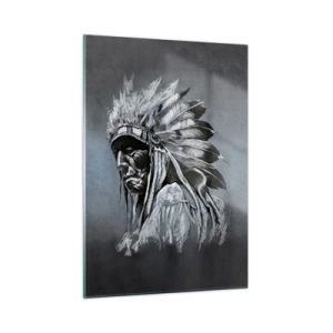 Quadro su vetro - Ritratto di un uomo con un copricapo di piume su uno sfondo grigio scuro - 50x70cm - Ritorno alle radici - Decorazione murale moderna per soggiorno e camera da letto ARTTOR