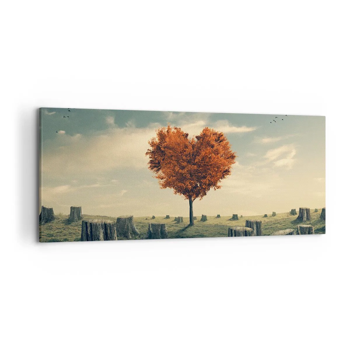 Quadro su tela - Stampe su Tela - Un albero a forma di cuore in un campo di ceppi, simbolo di speranza - 120x50cm - C'è sempre speranza - Decorazione murale moderna per soggiorno e camera da letto ARTTOR