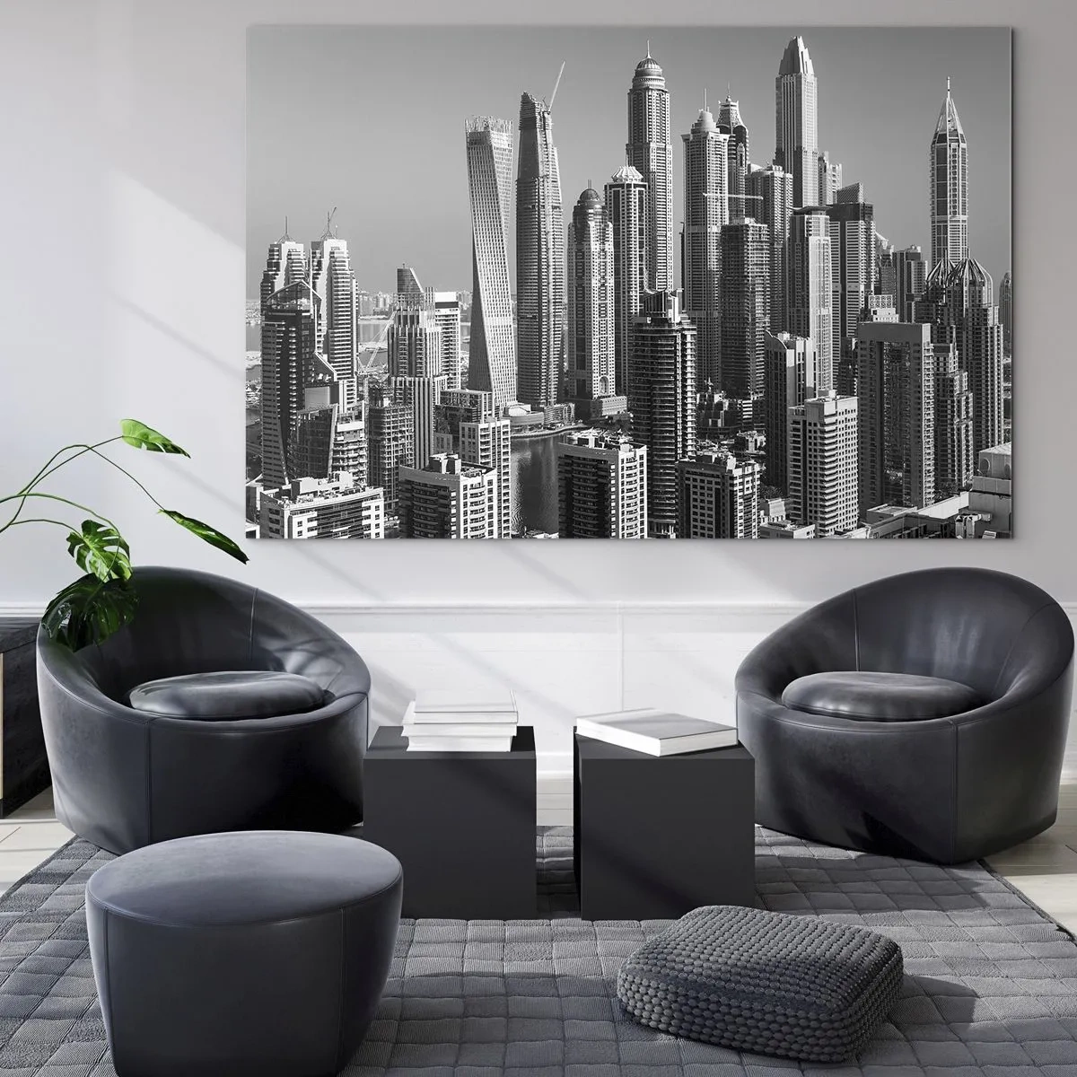 Quadro su vetro - Panorama in bianco e nero dei grattacieli della città - 70x50cm - La città sul deserto - Decorazione murale moderna per soggiorno e camera da letto ARTTOR
