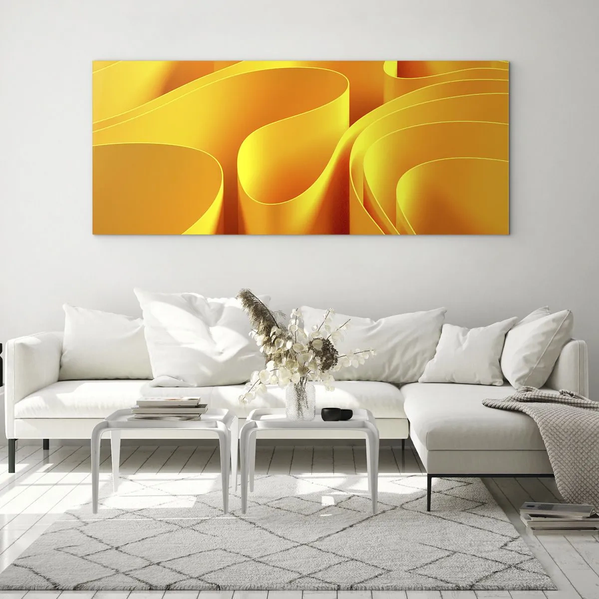 Quadro su vetro - Onde astratte gialle che ricordano i raggi del sole - 120x50cm - Come onde di sole - Decorazione murale moderna per soggiorno e camera da letto ARTTOR