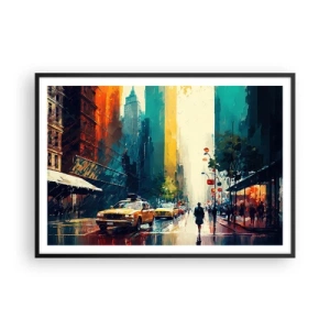 Poster in cornice nera - Una città vivace con taxi e passanti - 100x70cm - New York: qui anche la pioggia è colorata - Decorazione murale moderna per soggiorno e camera da letto ARTTOR