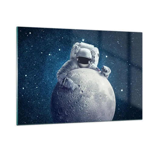 Quadro su vetro - Astronauta che abbraccia la luna contro un cielo stellato - 120x80cm - Burlone spaziale - Decorazione murale moderna per soggiorno e camera da letto ARTTOR