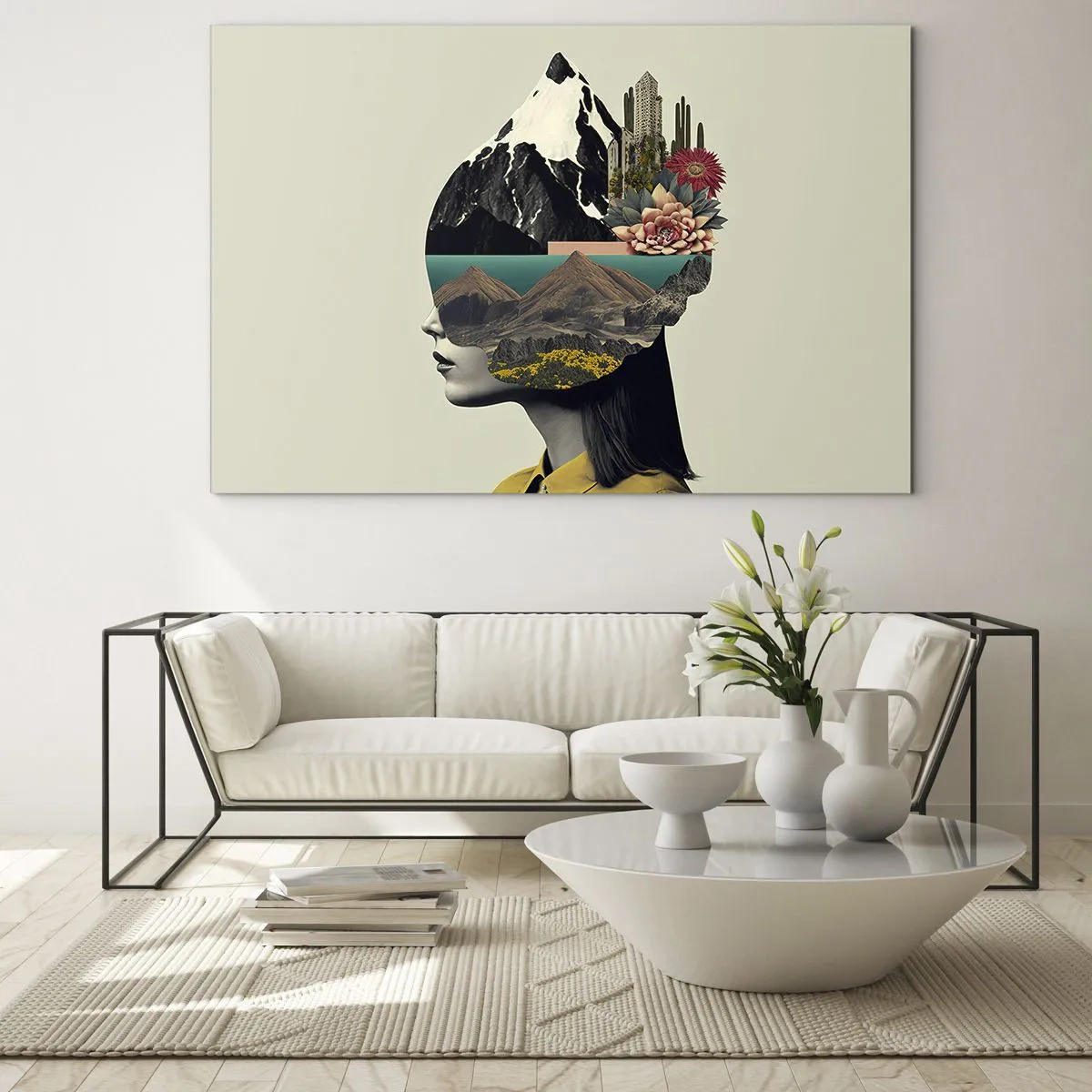 Quadro su vetro - Silhouette di una donna con un paesaggio montano e la flora nella sua testa - 70x50cm - La donna è sempre un mistero - Decorazione murale moderna per soggiorno e camera da letto ARTTOR