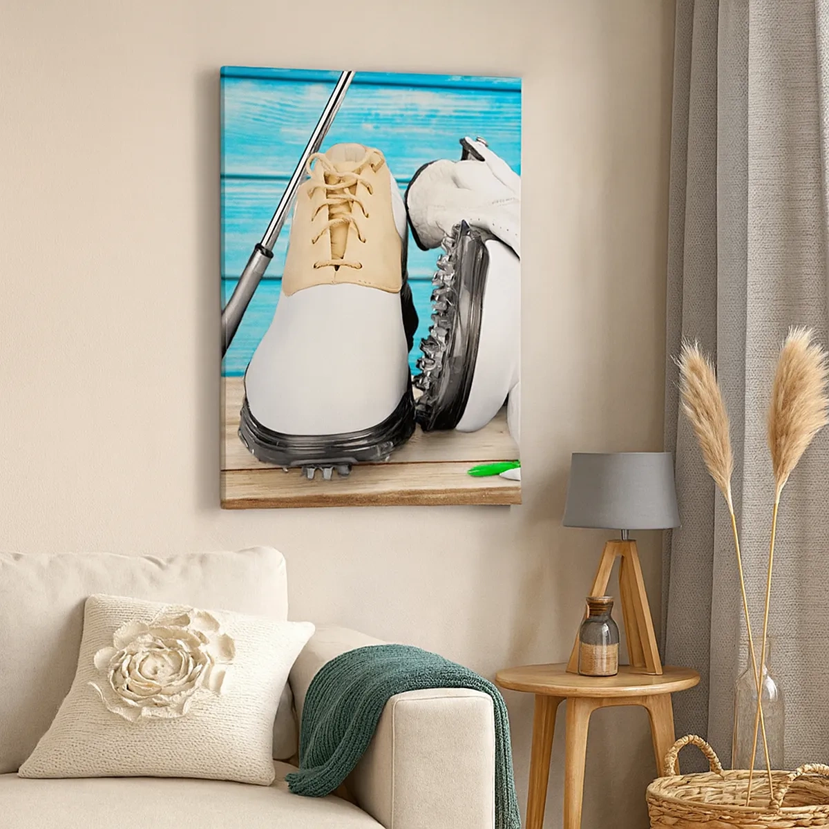 Quadro su tela - Stampe su Tela - Un set di accessori da golf su uno sfondo di legno - 50x70cm - Tutto è pronto - Decorazione murale moderna per soggiorno e camera da letto ARTTOR