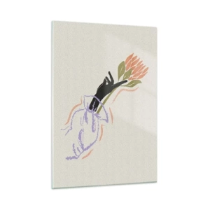 Quadro su vetro - Una mano stilizzata con un mazzo di fiori disegnato con linee pastello. - 50x70cm - Tocco delicato - Decorazione murale moderna per soggiorno e camera da letto ARTTOR
