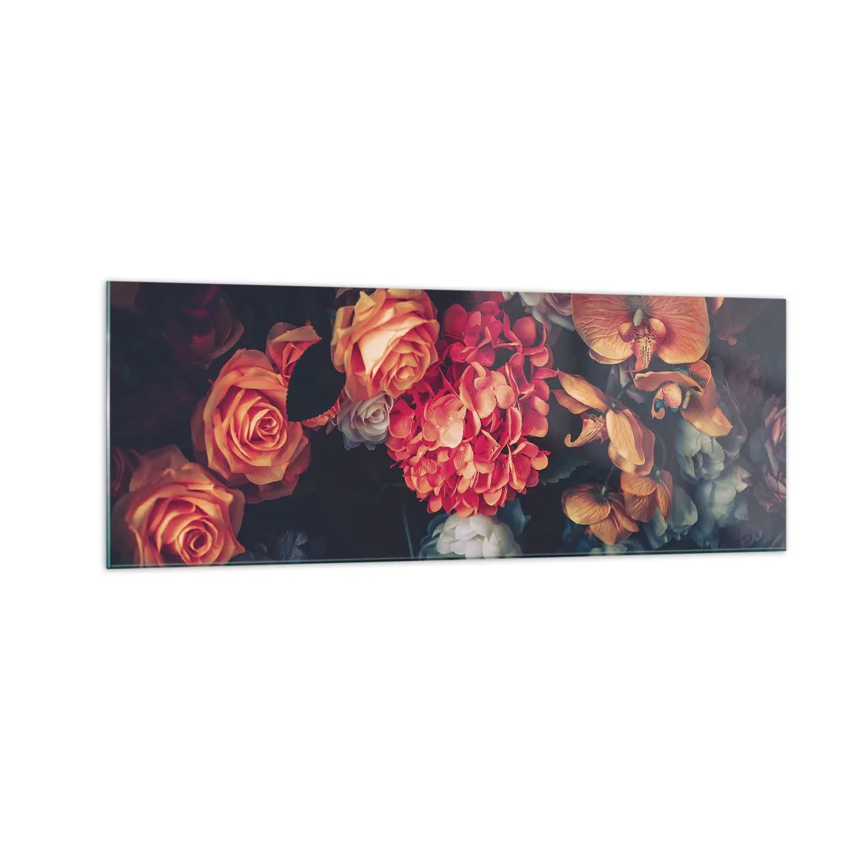 Quadro su vetro - Un mazzo di fiori vari in toni scuri - 140x50cm - Come i maestri olandesi - Decorazione murale moderna per soggiorno e camera da letto ARTTOR