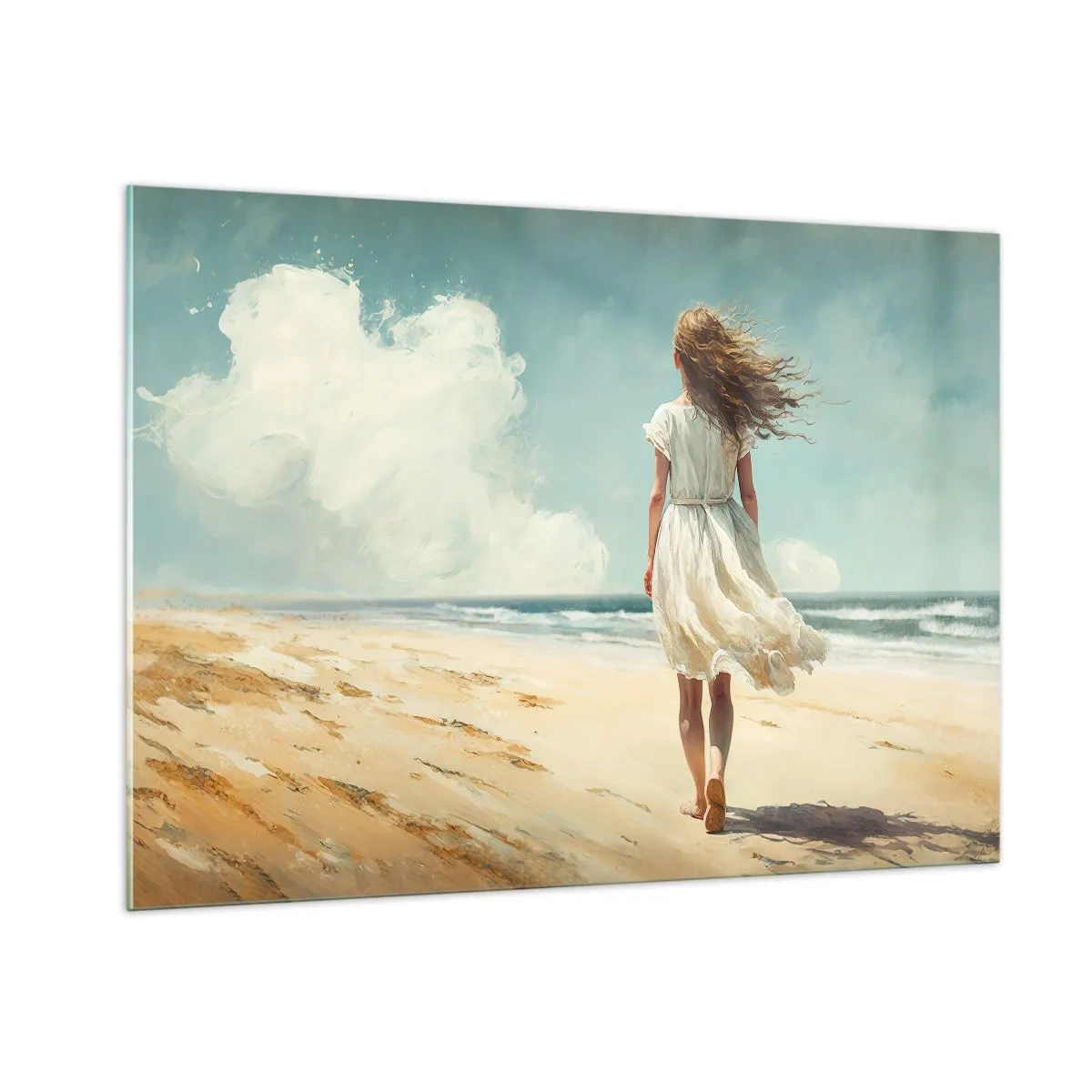 Quadro su vetro - Una donna in abito bianco cammina a piedi nudi su una spiaggia assolata - 100x70cm - Dove sole e vento si incontrano - Decorazione murale moderna per soggiorno e camera da letto ARTTOR