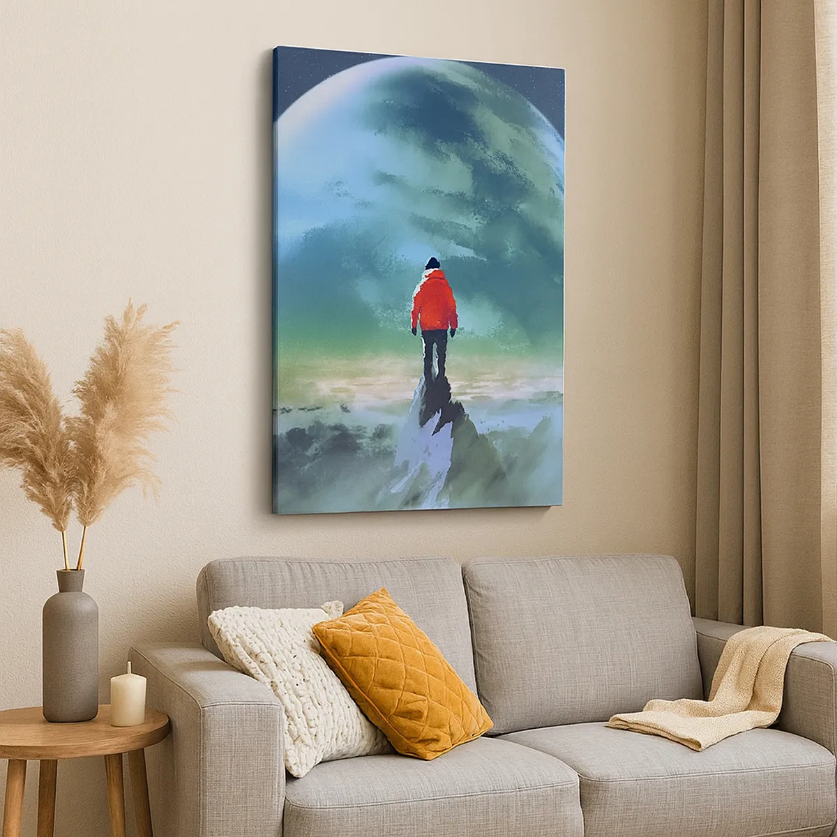 Quadro su tela - Stampe su Tela - Un uomo con una giacca rossa in piedi davanti a un grande pianeta con le stelle sullo sfondo. - 50x70cm - Scopritore di una nuova terra - Decorazione murale moderna per soggiorno e camera da letto ARTTOR