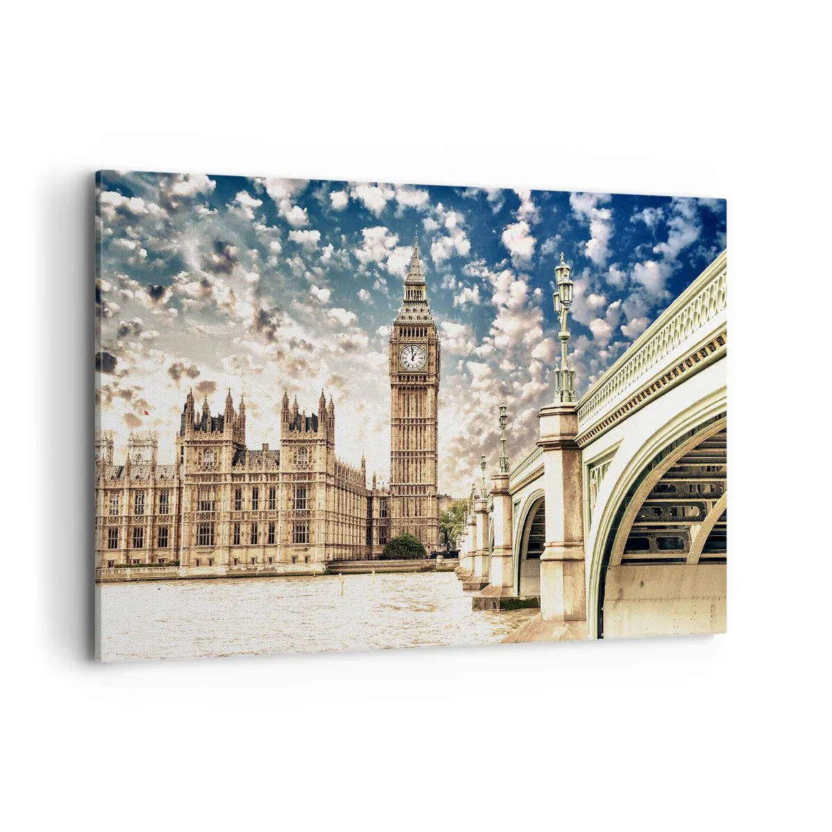 Quadro su tela - Stampe su Tela - Il Big Ben e il ponte di Westminster illuminati dal sole a Londra - 100x70cm - Cirri sul Tamigi - Decorazione murale moderna per soggiorno e camera da letto ARTTOR