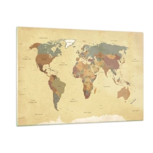 Quadro su vetro - Una mappa del mondo nei toni del beige e del marrone su uno sfondo vintage. - 120x80cm - Per te: tutto il mondo - Decorazione murale moderna per soggiorno e camera da letto ARTTOR