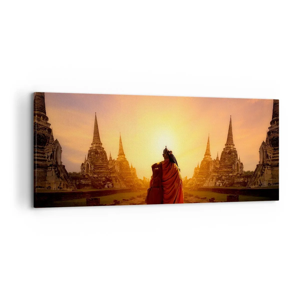 Quadro su tela - Stampe su Tela - Un monaco tra i templi al tramonto - 120x50cm - In pace per l'eternità - Decorazione murale moderna per soggiorno e camera da letto ARTTOR